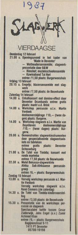 Slagwerk4daagse announcement February 12-15, 1987 Deventer - Burgerweeshuis